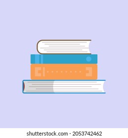 Stack of four flat style books isolated on blue background. Concept of knowledge, simple book icon. Clipart element. Vector illustration