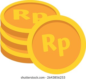 Pila de cuatro monedas de oro con el símbolo “Rp” en estilo de ilustración plana. Representa el dinero, los ahorros financieros o los conceptos de moneda indonesia de manera efectiva.