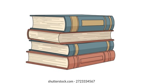 Pila de cuatro libros de tapa dura con cubiertas azul y marrón y páginas de papel visibles en una ilustración gráfica limpia.