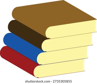 Stack of four hardcover books with brown blue and red covers and cream colored pages arranged in a pile on a white background Keywords: books, stack, pile
