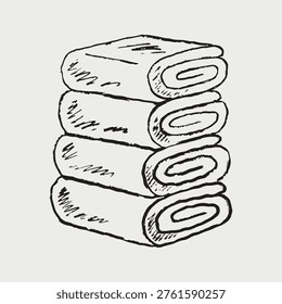 A stack of four rolled-up towels in a black and white. Perfect for home, hotel, or spa. Hand drawn vector sketch illustration in vintage crayon charcoal style