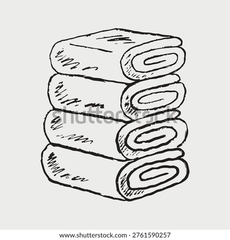 A stack of four rolled-up towels in a black and white. Perfect for home, hotel, or spa. Hand drawn vector sketch illustration in vintage crayon charcoal style