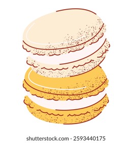 Stack of french vanilla and lemon macarons, sweet dessert. Vector illustration, flat hand drawn style with texture. Baked food for sticker, bakery, cafe shop, eatery. Isolated background