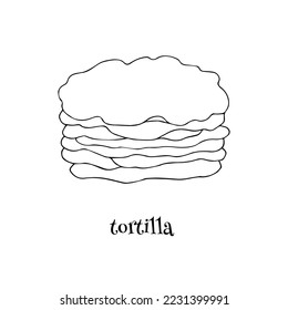 Stack of fresh crispy tortillas black and white design isolated on white background. Hand drawn element for the design of fabrics, wallpapers, postcards