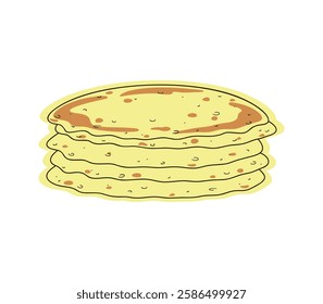 Stack of fresh pancakes, color illustration, flat design, hand-drawn, isolated on white, vector. Sweet delicious dessert for breakfast. An element for design, decoration, Carnival, poster, banner