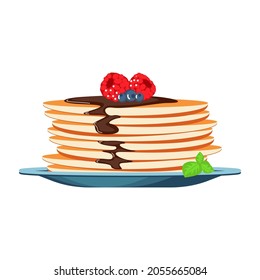 Stack of fresh pancakes with shockolad and fruits. Traditional russian food isolated on a white background. Flat Art Vector Illustration