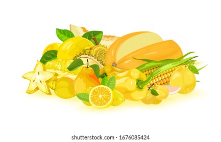 Stack mit frisch gelbem Gemüse und Obst auf dem Lebensmittelmarkt oder Lebensmittelmarkt Apfel, Melone, Carambola, Mais, Zitrone, Glockenpfeffer, Birne, Myrobalan, Pomelo, Durian. Vegetarische Küche. Vektorillustration auf Weiß.