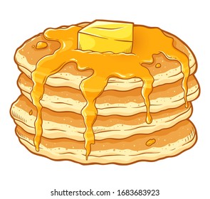 Stack of freshly made pancakes with sweet syrup and butter, hand drawn vector illustration isolated on white background