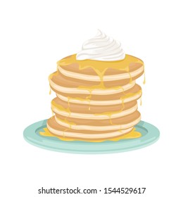A stack of fried pancakes with honey and whipped cream. Delicious breakfast. Cartoon vector illustration.