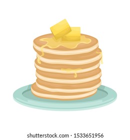 A stack of fried pancakes with slices of butter. Delicious breakfast. Cartoon vector illustration.