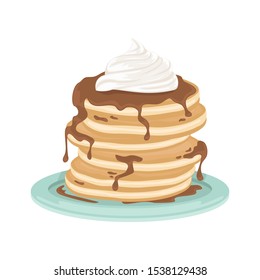 A stack of fried pancakes with whipped cream and chocolate sauce. Delicious breakfast. Cartoon vector illustration.