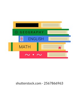 Stack Of Geography, English, And Math Textbooks In Flat Vector Illustration Symbolizing Education, Learning, And Academic Resources, Isolated On White Background.