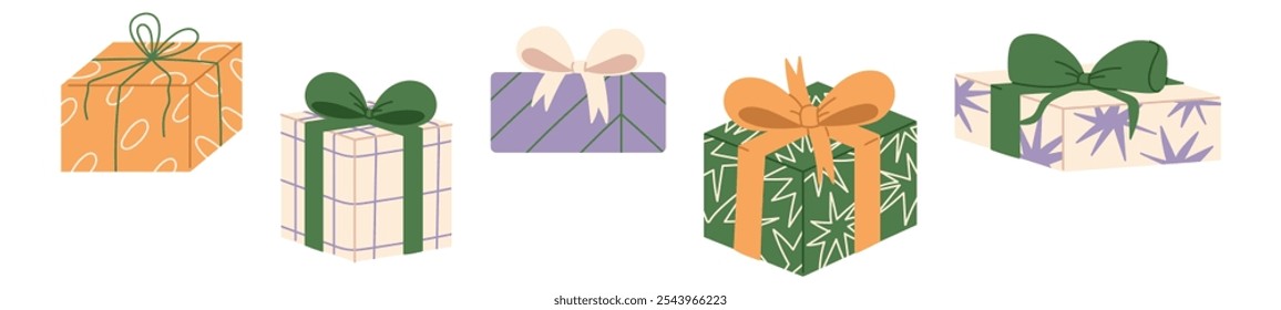 Pilha de caixas de presente com arcos e papel decorativo, para comemorações de Natal e presentes de férias. Ilustração de vetor plano isolada em fundo branco.