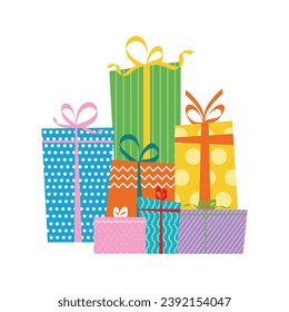 Pila de cajas de regalo. Diseño de regalo de Navidad o cumpleaños. Cajas de Navidad con cinta adhesiva y arco. Vector.