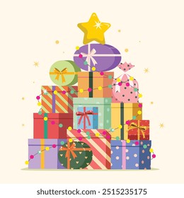 Stack of gift boxes decorate with light for Christmas tree. Merry Christmas and Happy New Year banner, gift boxes greeting card, poster, holiday design.