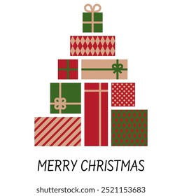 Stack of gift boxes forming a Christmas tree. Present holiday vector elements.