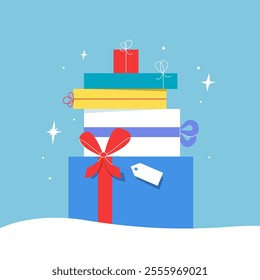 Stack of gift boxes with a tag in a snow. Christmas presents wrapped in colorful paper with tied ribbons and bows vector illustration. Cheerful holiday design