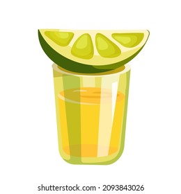 Stack, glass of tequila and slice of lime. Cartoon vector graphics.