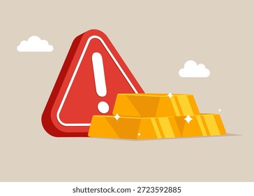 Stack of gold bar bullion with exclamation attention sign. Gold investment, safe haven in financial crisis or wealth management and asset allocation. Gold price decrease in trading market investment. Vector illustration