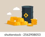 Stack of gold bar bullion and oil barrel. Vision plan and perspective. Trading oil. Invest in fuel. Investment, wealth management. Modern vector illustration in flat style