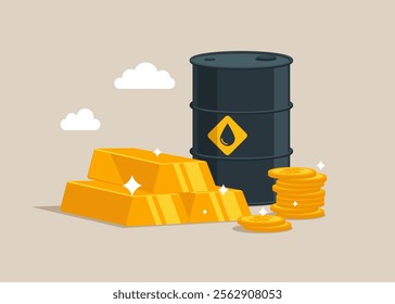 Stack of gold bar bullion and oil barrel. Vision plan and perspective. Trading oil. Invest in fuel. Investment, wealth management. Modern vector illustration in flat style