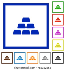 Stack of gold bars flat color icons in square frames on white background