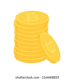Stack of gold bitcoin coins. Cryptocurrency, digital currency, business and finance concept. Flat design vector illustration.