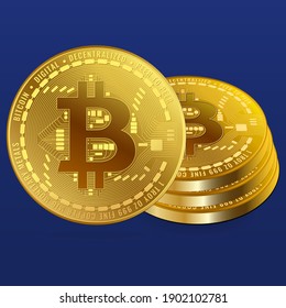 Pila de monedas de bitcoin de oro. Ilustración vectorial 3D realista sobre fondo azul. Para proyectos relacionados con criptodivisa.