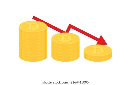 Stack of gold bitcoin coins with red downward arrow. Cryptocurrency, digital currency, business and finance concept. Flat design vector illustration.