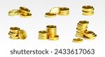 Stack of gold coin of different size. Realistic 3d vector golden metal money in pile. Financial and bank game or casino cash treasure. Heap of empty circular currency for profit and wealth concept.