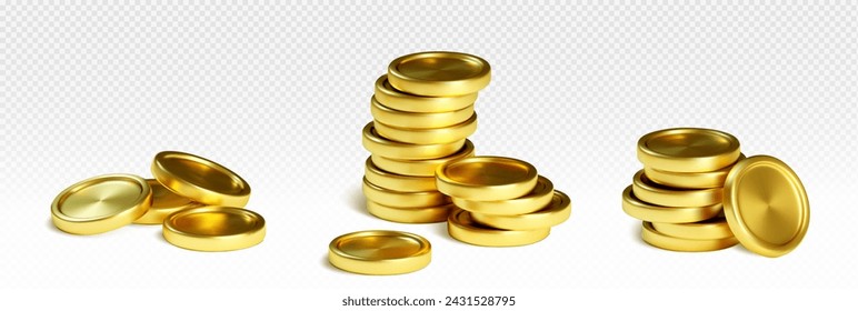 Stack of gold coin of different size. Realistic 3d vector golden metal money in pile. Financial and bank game or casino cash treasure. Heap of empty circular currency for profit and wealth concept.