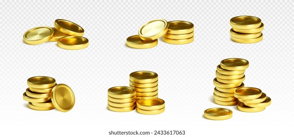 Pila de monedas de oro de diferente tamaño. Dinero de metal dorado del vector 3D realista en pila. Juego financiero y bancario o tesoro en efectivo del casino. Montón de moneda circular vacía para el concepto de ganancias y riqueza.