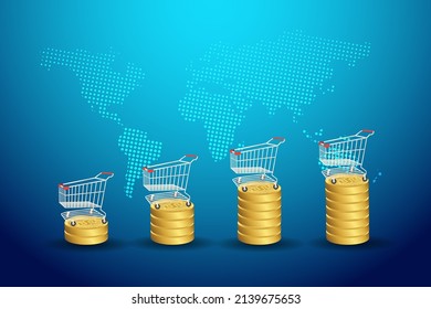 Stack of gold coin in growth graph with shopping cart on world map. Growth of grocery sales. CPI, Consumer price index, inflation and economic indicator concept.