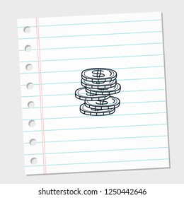 Stack of gold coin penny with white and line paper note background template design. Finance and business concept logo icon. Vector illustration
