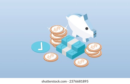 Stack of gold coins and banknotes Bundle. dollar coins. Save money or cash back concept.on blue background.3D design.isometric vector design Illustration.