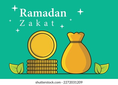 Stack of gold coins and charity money bag for zakat in holy month of Ramadan vector illustration. Muslim concept for zakat property, income and "fitrah" zakat. 