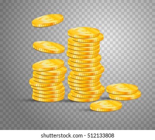 Stack from gold coins. Concept with transparent background. Euro money overlay. Stacks of golden coins, vector. Golden euro coins isolated on transparent background. EPS 10.