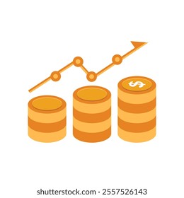 A stack of gold coins dollar with golden arrows pointing upwards, symbolizing financial growth and stock market rise