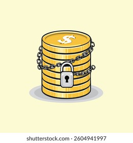Stack of gold coins with dollar sign, chain and padlock. Finance security