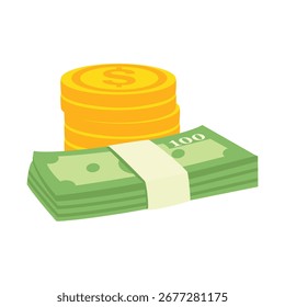 Stack of gold coins with dollar sign and banknotes, cash symbol in flat style. Isolated white background. Vector illustration