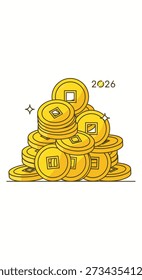 Stack of gold coins featuring Bitcoin symbol and 2026 text