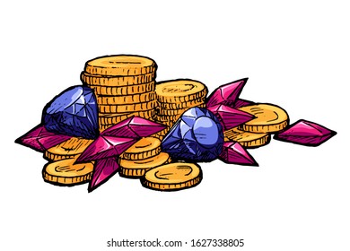 Stack of gold coins and gemstones isolated on white background. Stock hand drawn vector illustration for mobile game ui