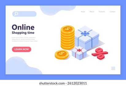 Stack of gold coins, gift boxes with ribbons, and red percent symbol on white background with blue border, representing online shopping and sales concept. Vector illustration