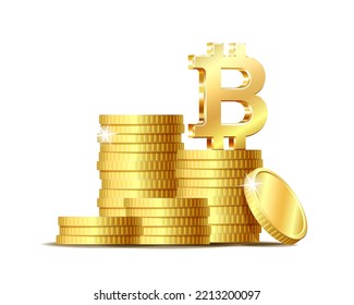 Stack of gold coins with Golden bitcoin sign. Crypto currency symbol isolated on white background. Realistic vector illustration.