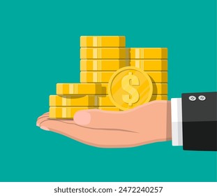 Stack of gold coins in hand. Golden coin with dollar sign. Growth, income, savings, investment. Symbol of wealth. Business success. Flat style vector illustration.