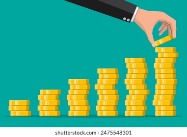 Stack of gold coins and hand. Golden coin with dollar sign. Growth, income, savings, investment. Symbol of wealth. Business success. Flat style vector illustration.