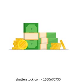 A stack of gold coins. Money. Dollars banknotes. Cash. Flat style. stock vector illustration isolated on white background.