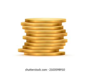 Stack of gold coins, money pile vector illustration. 3d realistic golden heap of shiny cash currency with shadow isolated on white background. Financial investment, wealth and earnings concept