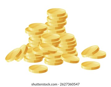 A stack of gold coins neatly arranged on a white background, showing the shine and texture of the gold metal.
