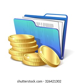 Stack of gold coins next to the blue folder with documents, symbol of a successful business project, vector illustration 10 eps